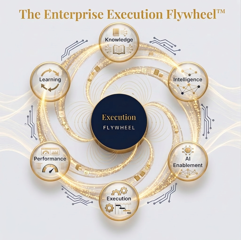 The Enterprise Execution Flywheel — Knowledge, Intelligence, AI Enablement, Execution, Performance, and Learning in a continuous cycle.